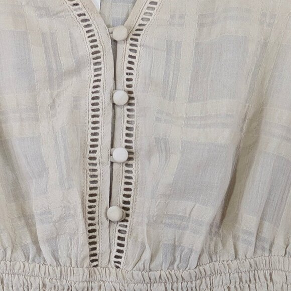 NEW Express Top Womens XS Beige Peasant Seersucker Rouched Smocked Boho Peplum - Picture 3 of 13